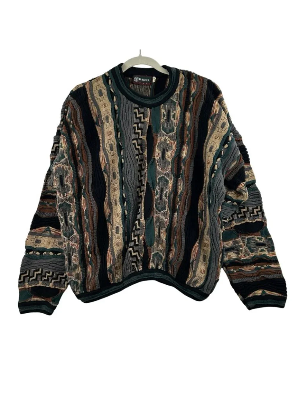 Vintage 90s Tundra 3D Knit Sweater Mens XL Multicolor Textured Vertical Stripe